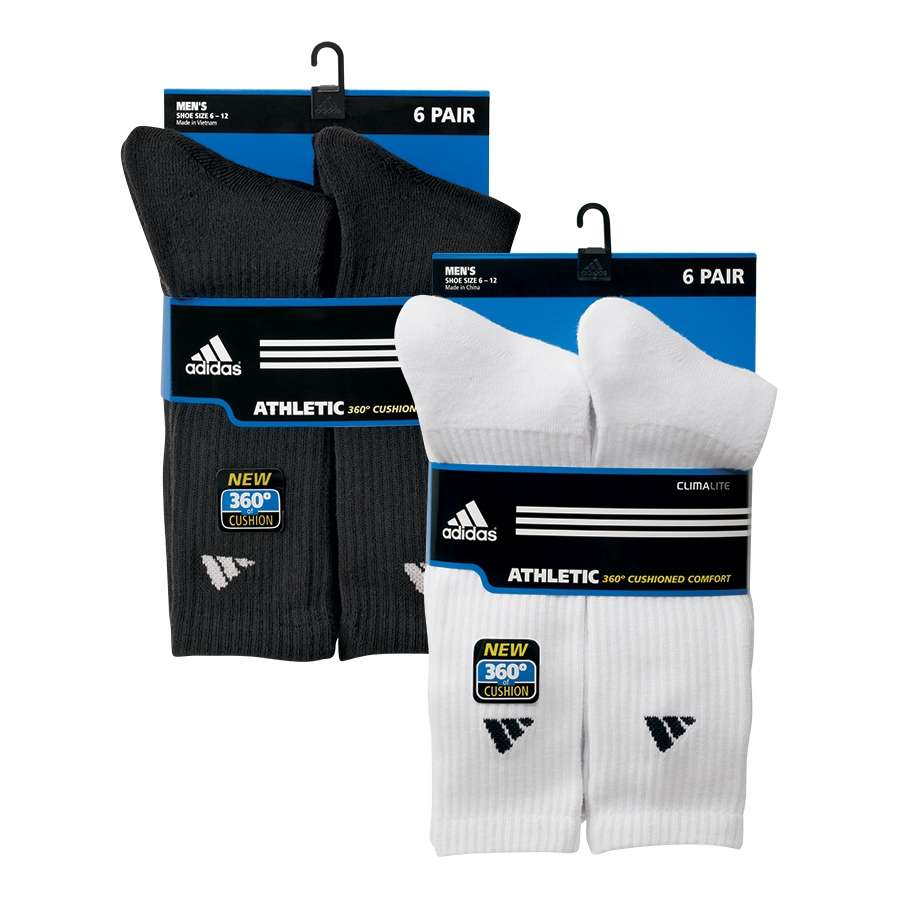 Black and White adidas Athletic Crew Socks, 6-pack packaged view