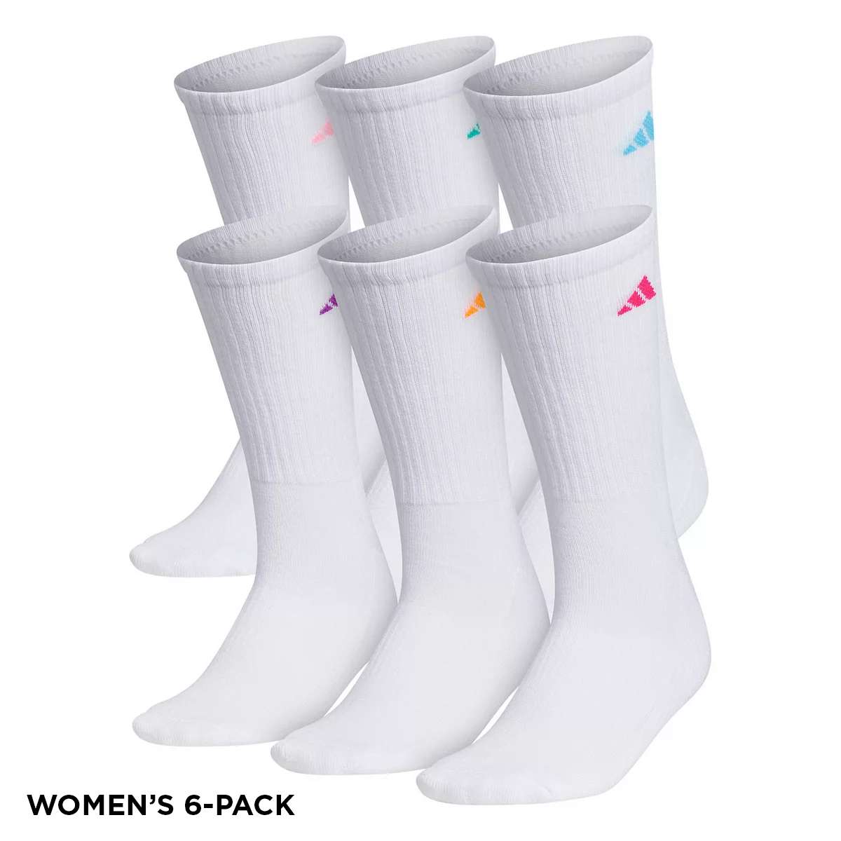 white six pack of adidas Athletic Crew Socks with colorful adidas logos
