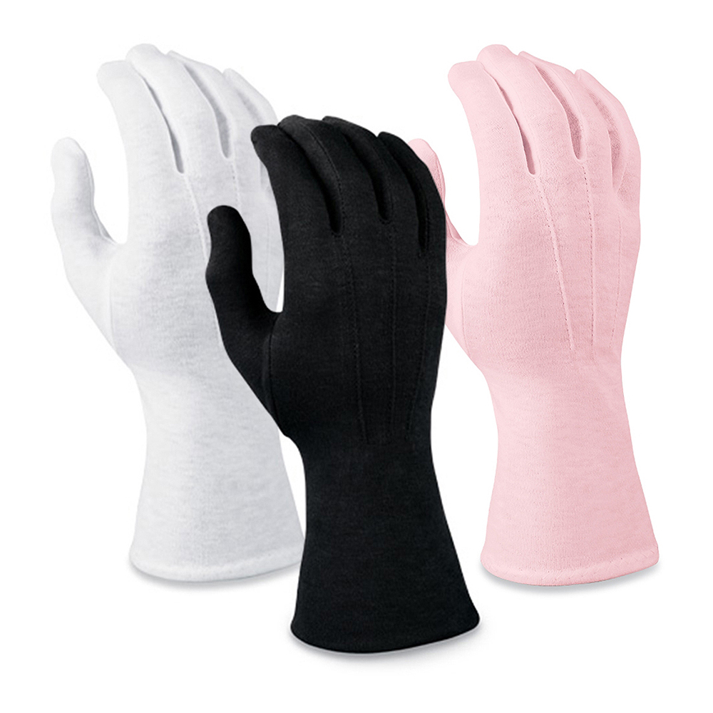 white, black, and pink gloves in a group