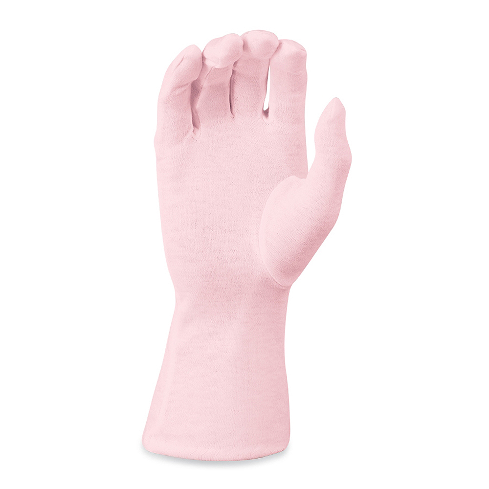 pink cotton long wrist length glove, palm view
