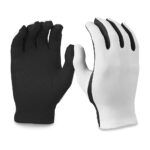 white flash gloves with black palms, front and back view