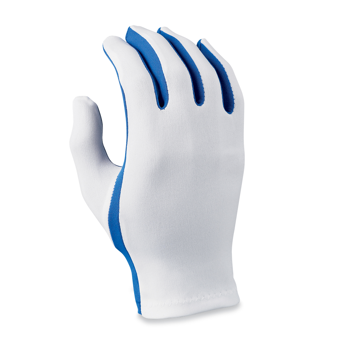 white flash gloves with royal blue palms, back view