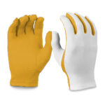 white flash gloves with gold palms, front and back view
