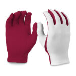 white flash gloves with maroon palms, front and back view