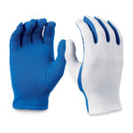white flash gloves with royal blue palms, front and back view