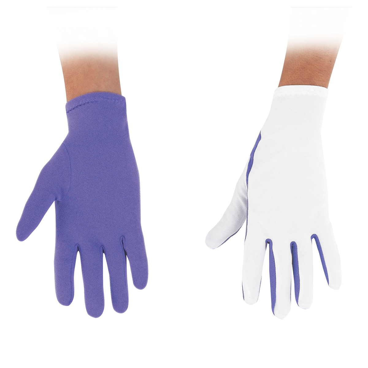 model wearing white flash gloves with purple blue palms, back view