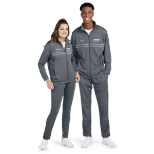 Male a female models wearing Grey Badger Outer Core Warmup Pant, front view