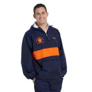 Male model posing in a decorated orange/navy Charles River Classic Striped Pullover, front view