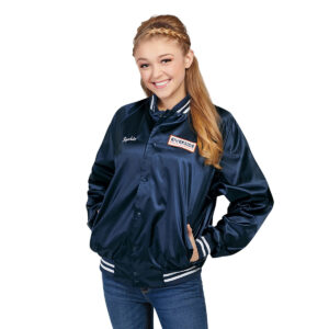 custom navy/white augusta satin baseball jacket front view