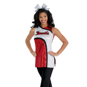 model wearing custom dance uniform, detail