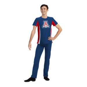 model wearing men's custom dance uniform, front left view