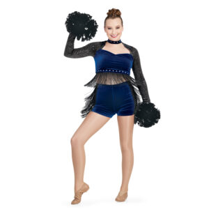 model wearing custom dance uniform, front view