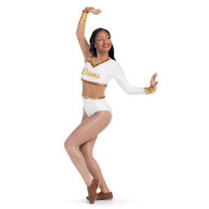 model wearing custom dance uniform, front three-quarters