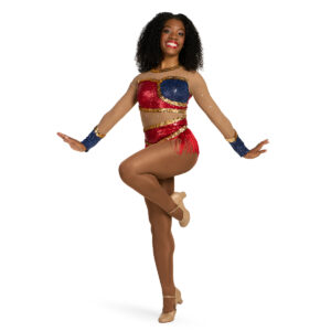 custom sequin leotard in navy, red, and gold, with fringe, front left view