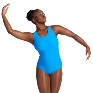 dancer wearing a turquoise leotard, cropped front view