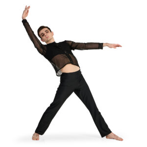 Custom men's mesh dance top in black, black pants, front right three-quarters view