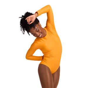 dancer wearing a gold three-quarter sleeve leotard, cropped front right three-quarters view