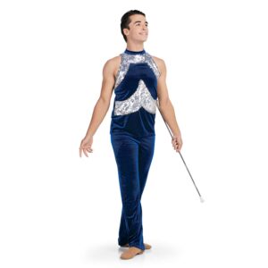 navy and silver dance uniform with a dancer smiling holding a twirling baton