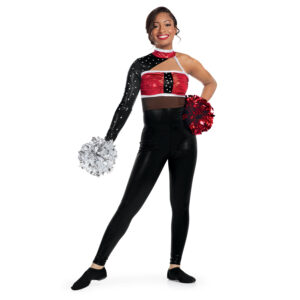 model wearing custom dance uniform, front view