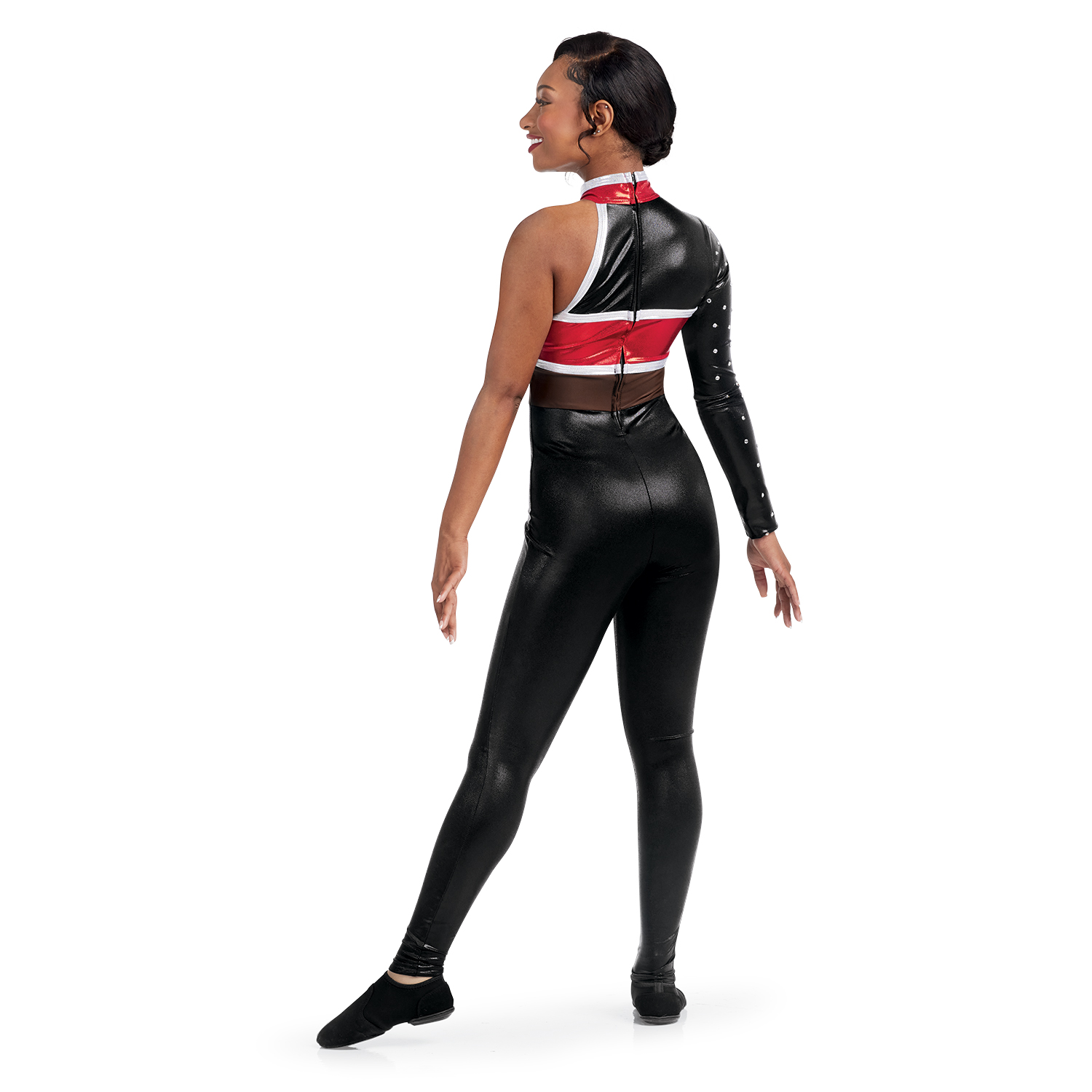 model wearing custom dance uniform, back view