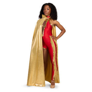 red custom HBCU dance Unitard with gold fringe and a gold cape, front view