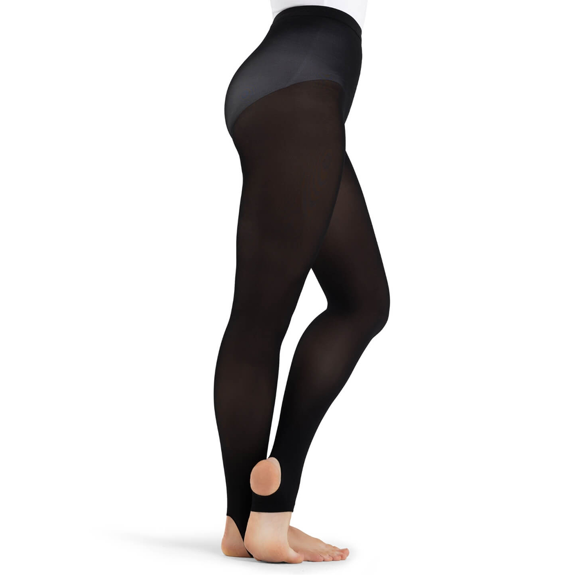 Model wearing Black Capezio Ultra Hold Stirrup Tights, side View