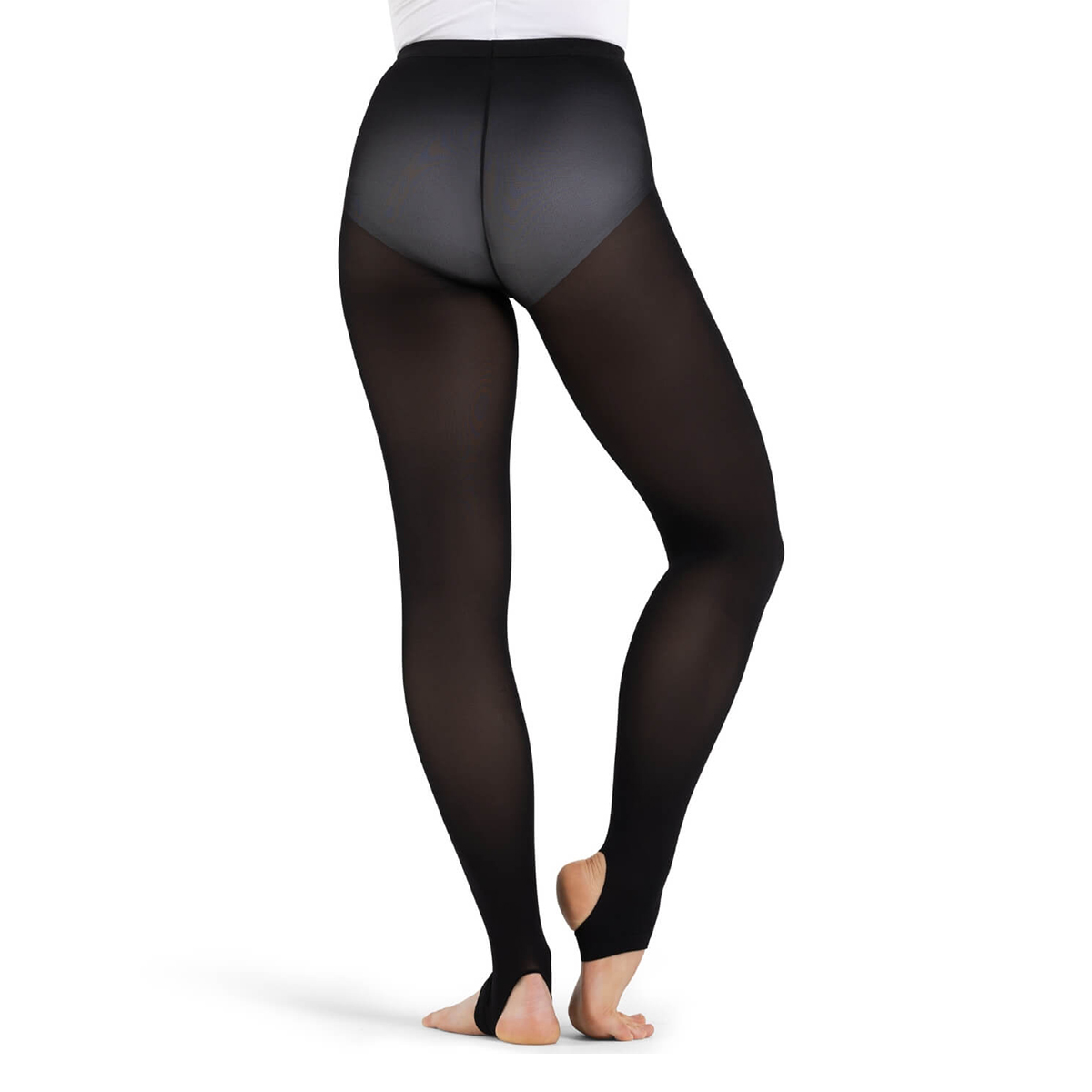Model wearing Black Capezio Ultra Hold Stirrup Tights, Back View