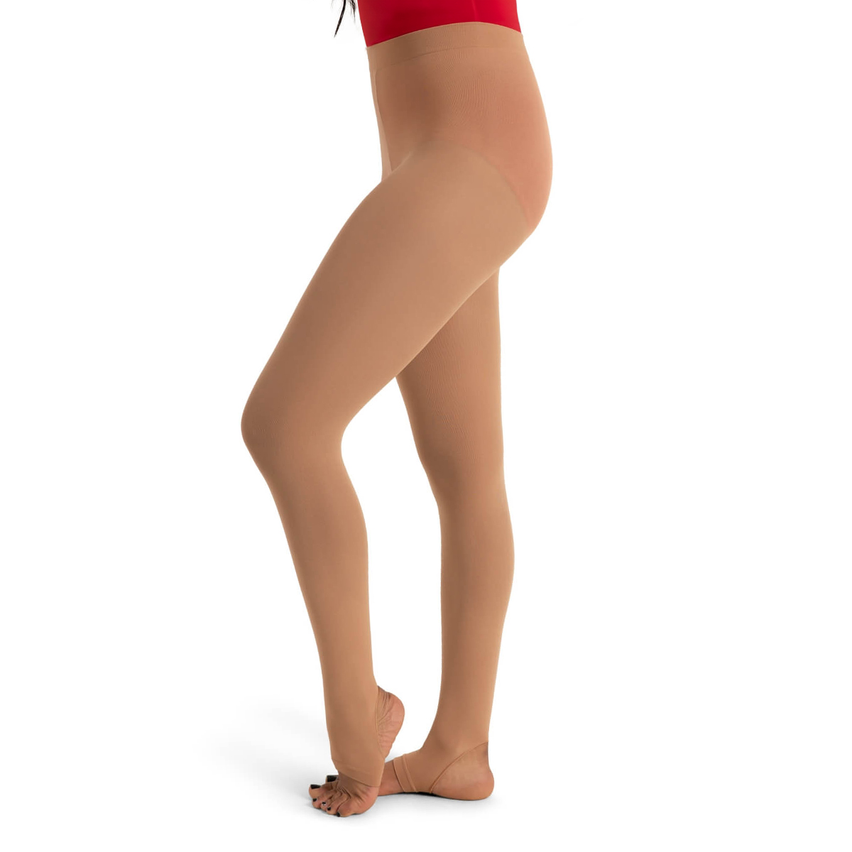 Model wearing Capezio Ultra Soft Stirrup Tights, Side View