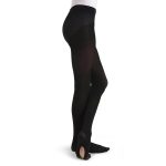 Model wearing black capezio ultra soft transition tights, side view with foot detail
