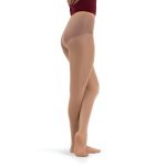 Model wearing suntan capezio hold and stretch footed tight, front three-quarters view