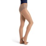 Model wearing light toast capezio ultra shimmery footed tight, side view
