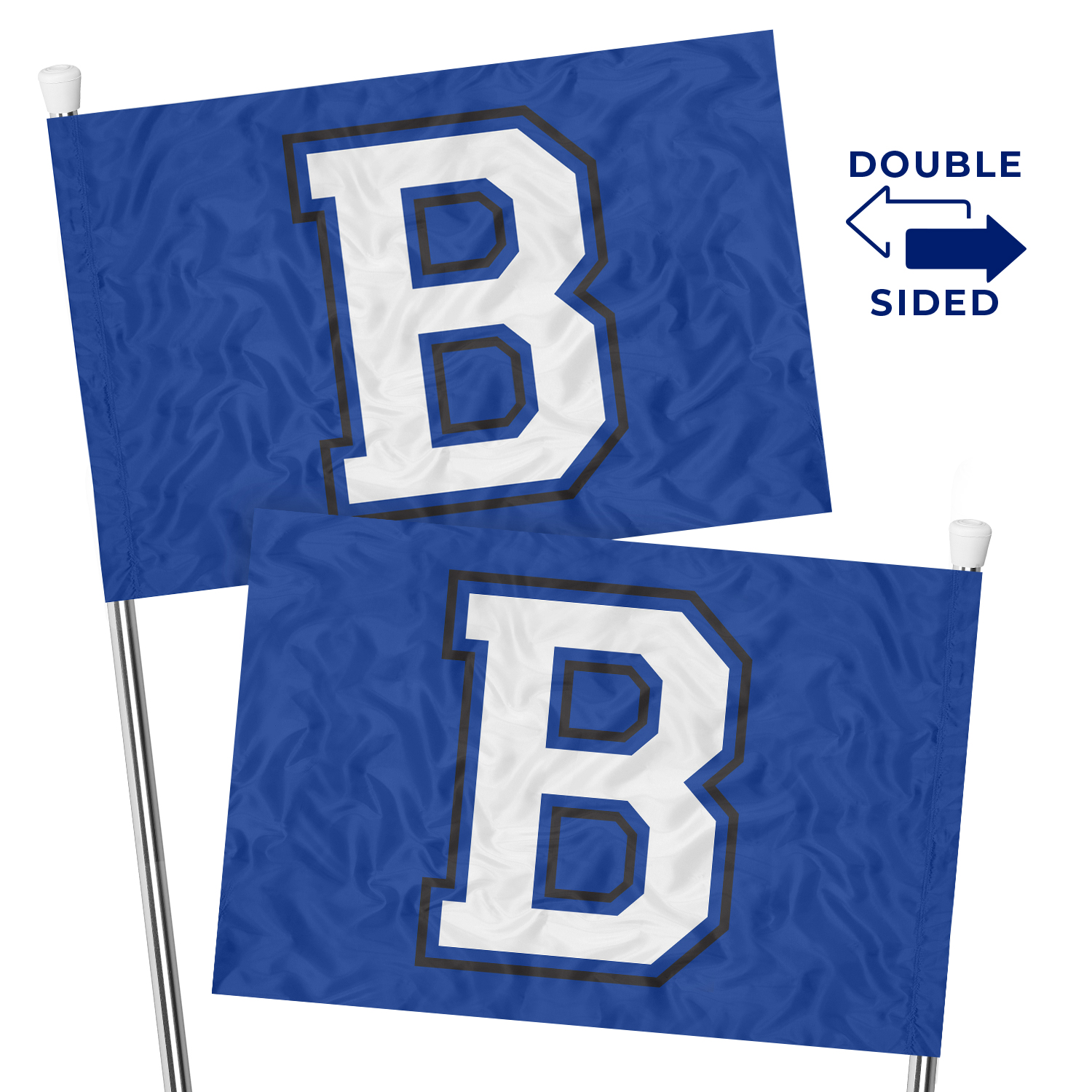 two double battle spirit flags on silver poles with the letter "B"