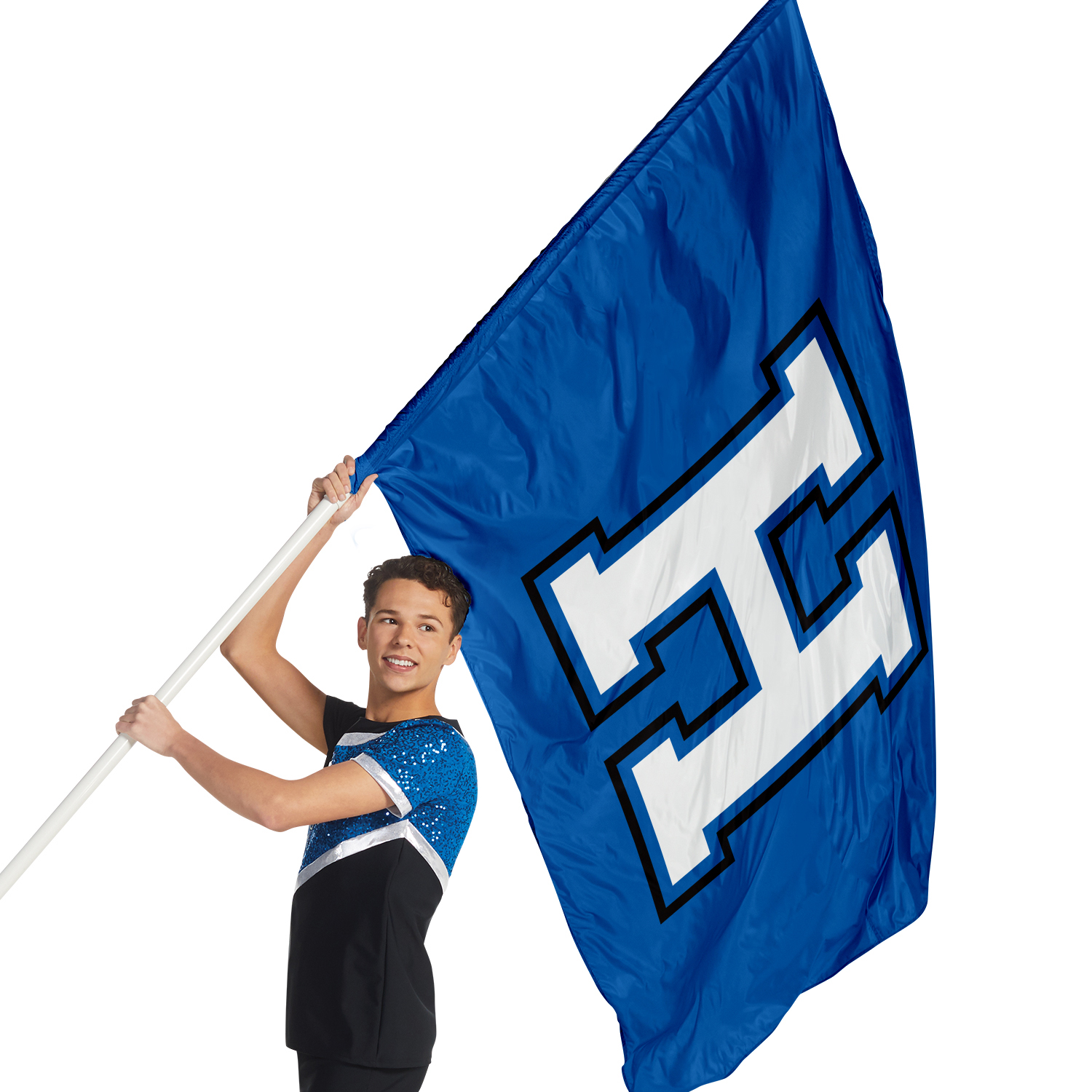 model holding a blue battle flag with the letter "R" on it
