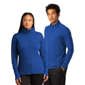 male and female models posing in royal blue Sport-Tek Sport-Wick Flex Fleece Jacket, front view