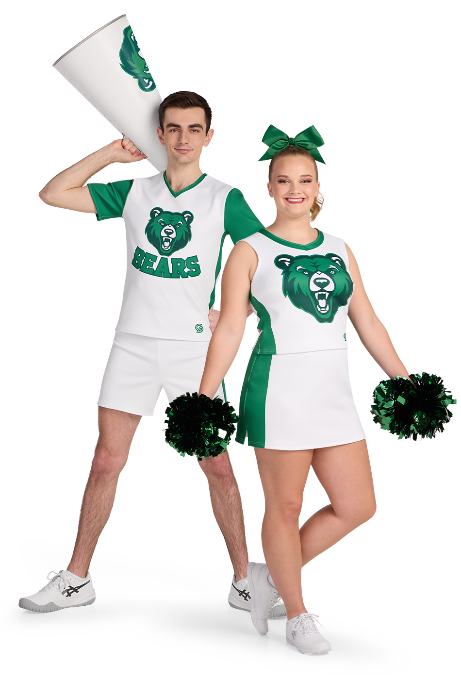 dye-sublimated cheer uniforms in white with green accents, green poms and a coordinating megaphone.