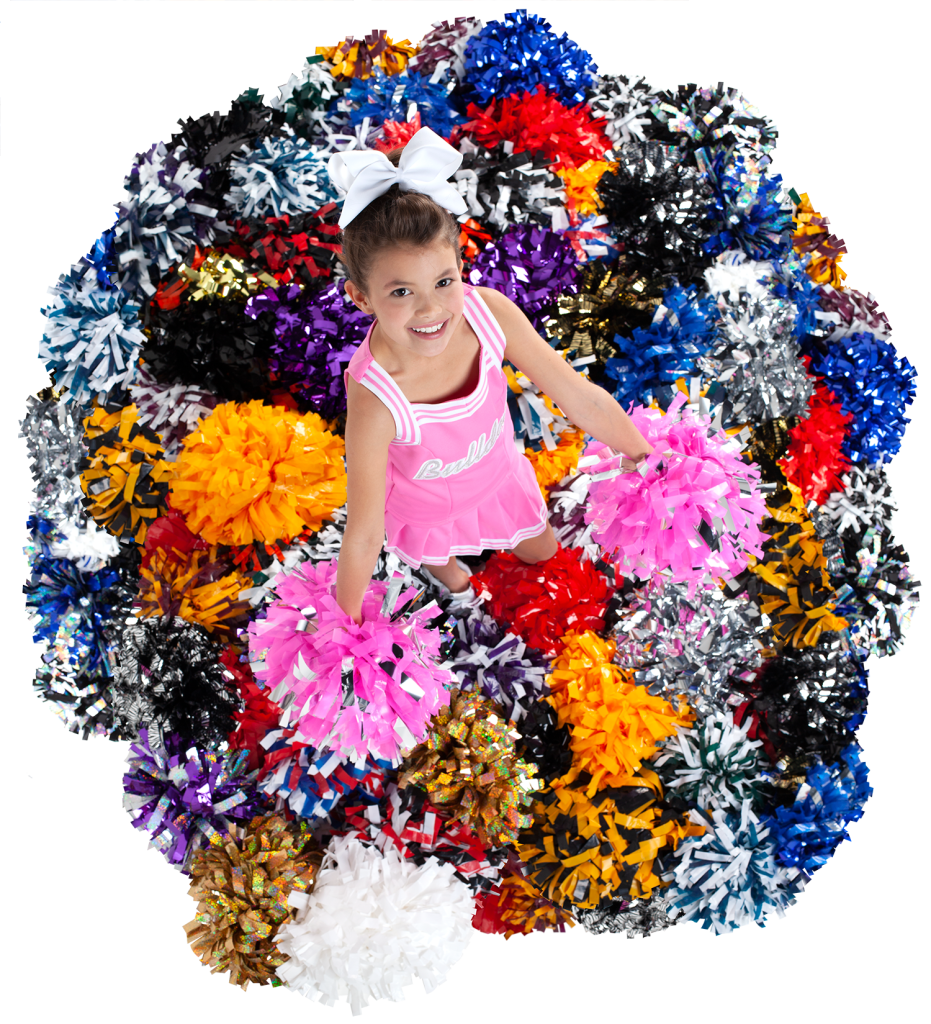 young cheerleader in a pink uniform standing in a pile of colorful poms